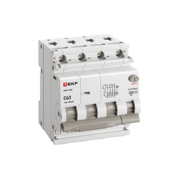Дифавтомат 4Р 63А C тип AC 30мА 6кА 4мод АВДТ-63N EKF PROxima