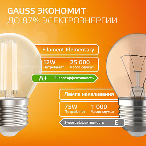 Лампа шар свд Е27 12Вт 2700К 730лм G45 прозрачный филамент  Gauss