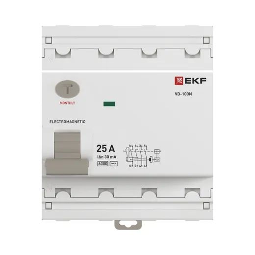 Выключатель дифференциальный (УЗО) 4Р 25А 30мА AC 6кА ВД-100N EKF PROxima
