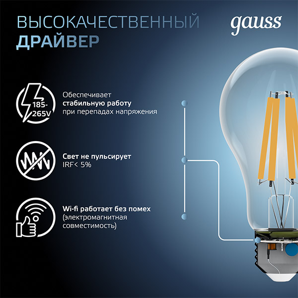 Лампа свд Е27 15Вт 4100К 1450лм стандарт А60 прозрачная филамент  Gauss