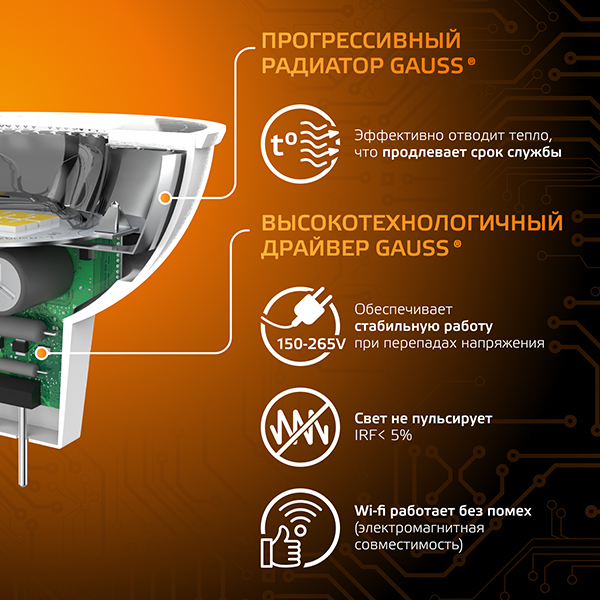 купить Лампа свд 220В GU5.3 9Вт 3000К 830лм MR16 прозрачная Gauss  в Йошкар-Оле Лампа свд 220В GU5.3 9Вт 3000К 830лм MR16 прозрачная Gauss