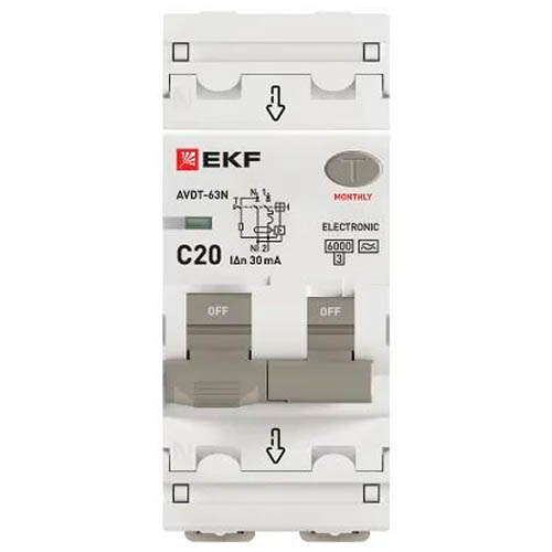 Дифавтомат 2Р 20А C тип A 30мА 6кА 2мод АВДТ-63N EKF PROxima