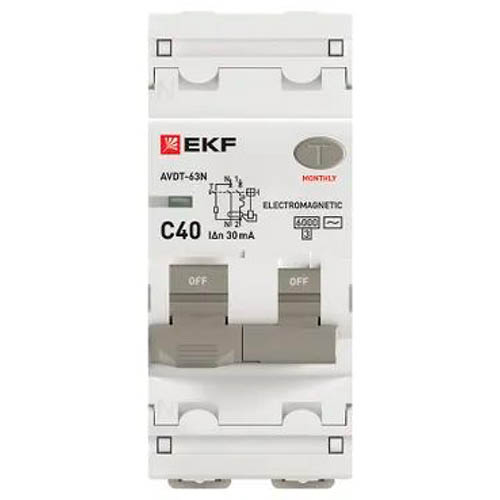 Автоматический выключатель дифференциального тока АВДТ-63N 1P+N 40А 30мА характеристика C тип AC электромеханический 6кА PROXIMA EKF
