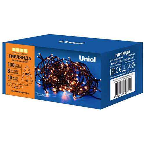 Гирлянда нить 10м теплый белый 100свд с контроллером IP20 зеленый провод 8режимов