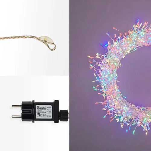 Гирлянда нить 20м мультицвет 1000свд IP44 серебро провод Роса Фейерверк