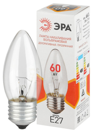 купить Лампа свеча накал Е27 60Вт 660лм прозрачная ЭРА в Йошкар-Оле Лампа свеча накал Е27 60Вт 660лм прозрачная ЭРА