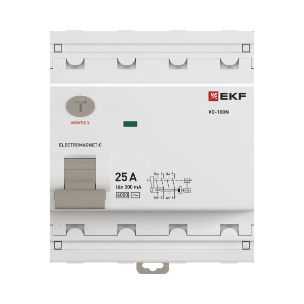 Выключатель дифференциальный (УЗО) 4Р 25А 300мА AC 6кА ВД-100N EKF PROxima