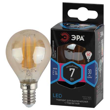 купить Лампа шар свд Е14 7Вт 4000К 655лм P45 золотистый филамент ЭРА  в Йошкар-Оле Лампа шар свд Е14 7Вт 4000К 655лм P45 золотистый филамент ЭРА