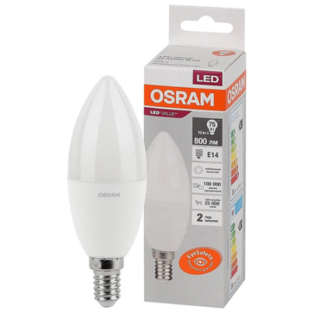 Лампа свеча свд Е14 10Вт 4000К 800лм В37 матовая Osram LED Value аналог 707098,704751