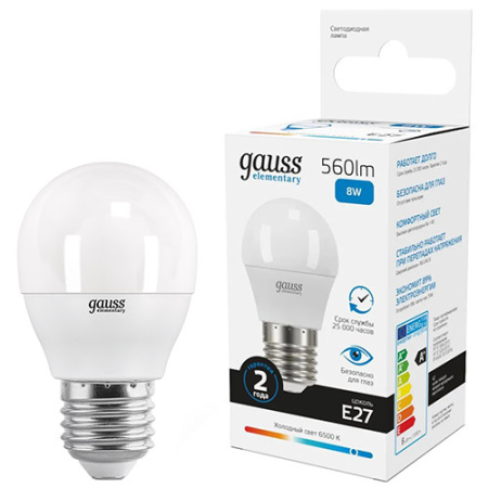 купить Лампа шар свд Е27 8Вт 6500К 560лм G45 матовый Gauss  в Йошкар-Оле Лампа шар свд Е27 8Вт 6500К 560лм G45 матовый Gauss