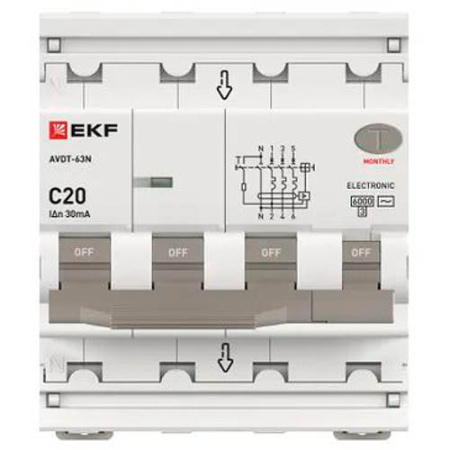 Дифавтомат 4Р 20А C тип AC 30мА 6кА 4мод АВДТ-63N EKF PROxima
