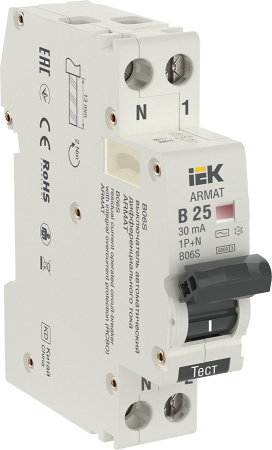 Дифавтомат 2Р 25А B тип AC 30мА 6кА 1мод B06S IEK ARMAT