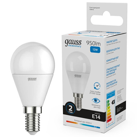 купить Лампа шар свд Е14 12Вт 6500К 950лм G45 матовый Gauss  в Йошкар-Оле Лампа шар свд Е14 12Вт 6500К 950лм G45 матовый Gauss