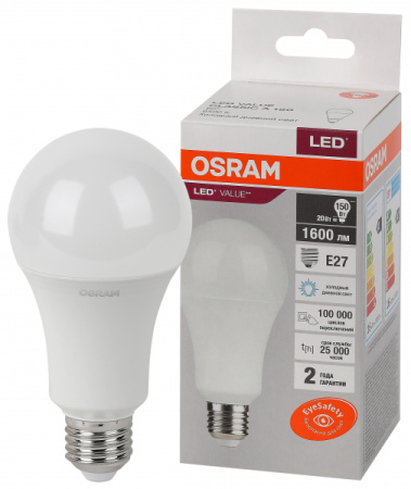 Лампа свд 220В Е27 20Вт 6500К 1600лм стандарт A70 матовая Osram LED Value