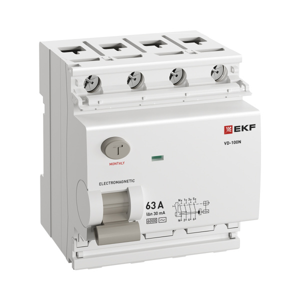 Выключатель дифференциальный (УЗО) 4Р 63А 30мА AC 6кА ВД-100N EKF PROxima