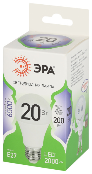Лампа свд Е27 20Вт 6500К 2000лм стандарт А60 матовая  ЭРА Green Line