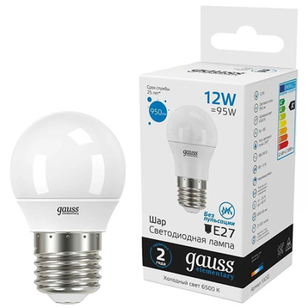 купить Лампа шар свд Е27 12Вт 6500К 950лм G45 матовый Gauss  в Йошкар-Оле Лампа шар свд Е27 12Вт 6500К 950лм G45 матовый Gauss