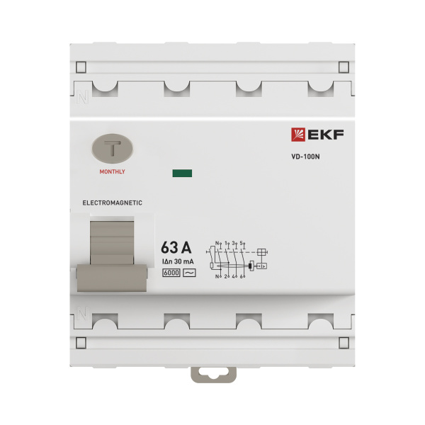 Выключатель дифференциальный (УЗО) 4Р 63А 30мА AC 6кА ВД-100N EKF PROxima