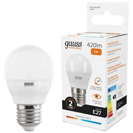 купить Лампа шар свд Е27 6Вт 3000К 420лм G45 матовый Gauss  в Йошкар-Оле Лампа шар свд Е27 6Вт 3000К 420лм G45 матовый Gauss